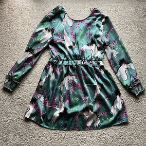 Satin dress floral, long sleeves